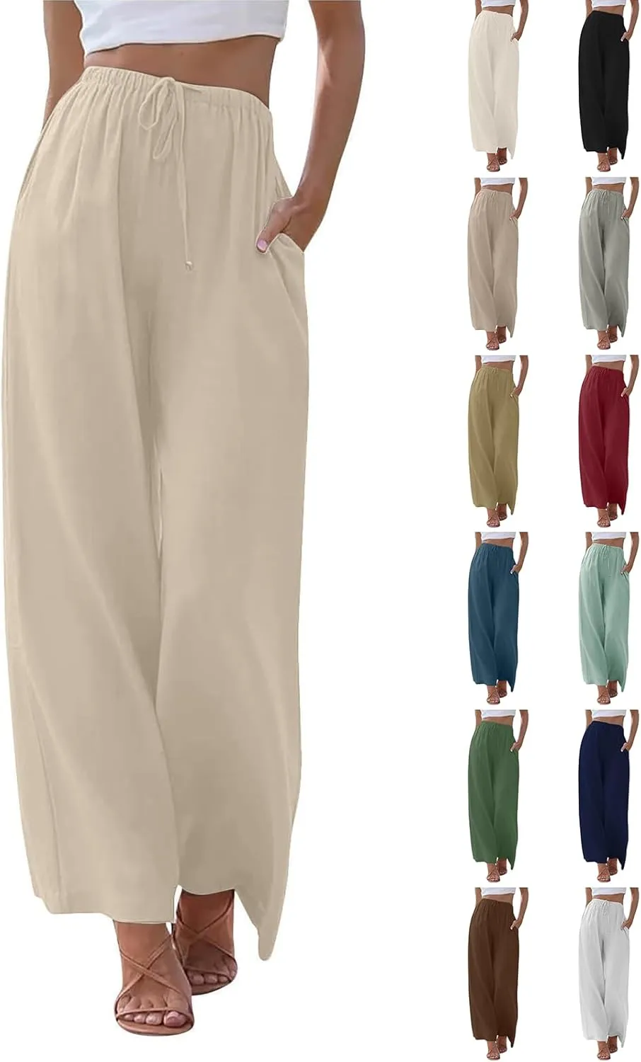 Wide Leg Linen Pants for Women Summer Boho Flowy Beach Pants Comfy Casual Cotton Palazzo Pants Trousers with Pockets