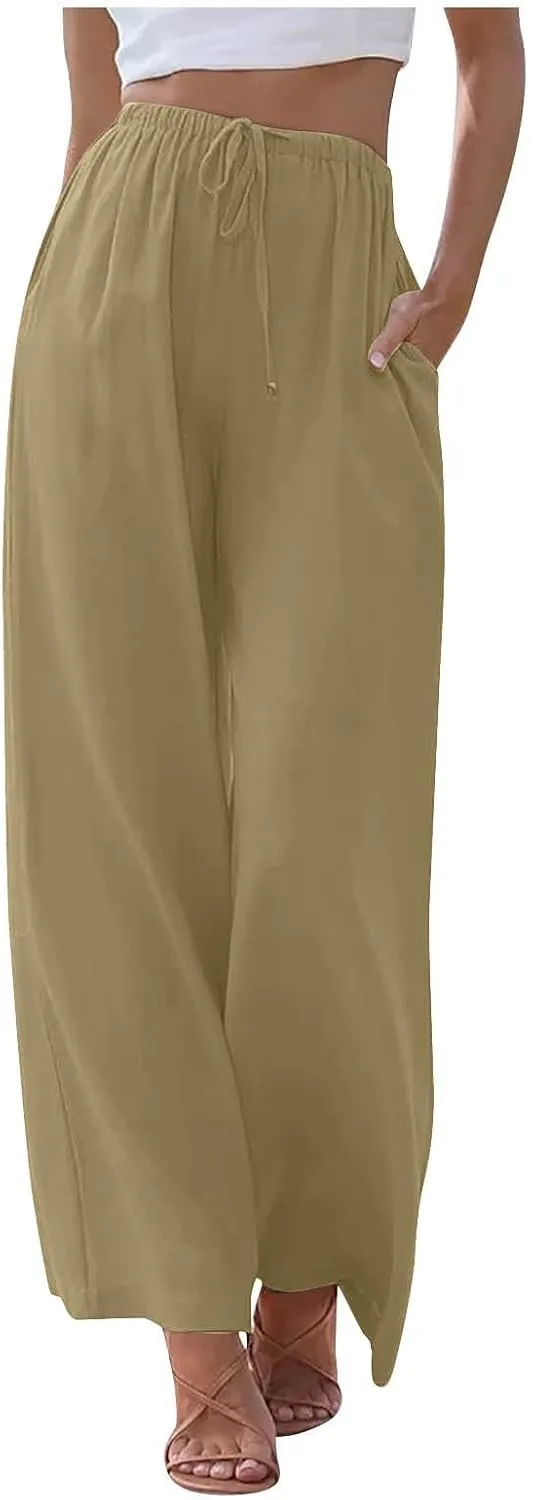 Wide Leg Linen Pants for Women Summer Boho Flowy Beach Pants Comfy Casual Cotton Palazzo Pants Trousers with Pockets
