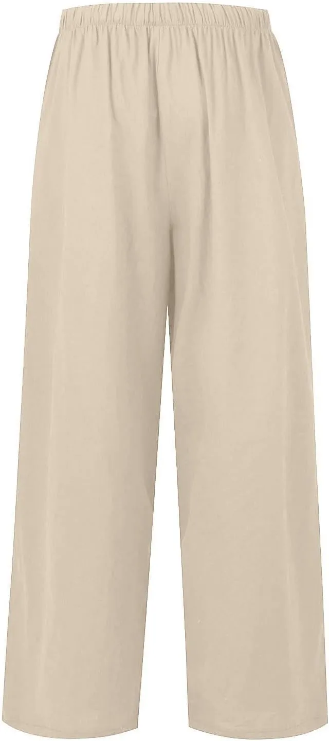 Wide Leg Linen Pants for Women Summer Boho Flowy Beach Pants Comfy Casual Cotton Palazzo Pants Trousers with Pockets