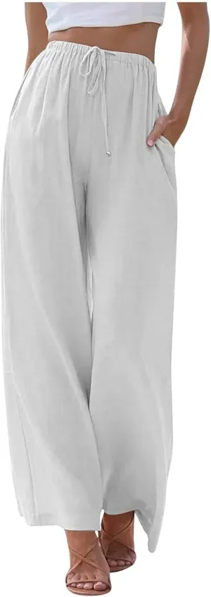 Wide Leg Linen Pants for Women Summer Boho Flowy Beach Pants Comfy Casual Cotton Palazzo Pants Trousers with Pockets