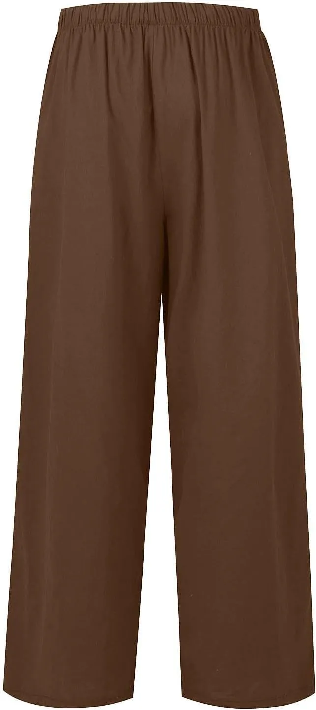 Wide Leg Linen Pants for Women Summer Boho Flowy Beach Pants Comfy Casual Cotton Palazzo Pants Trousers with Pockets
