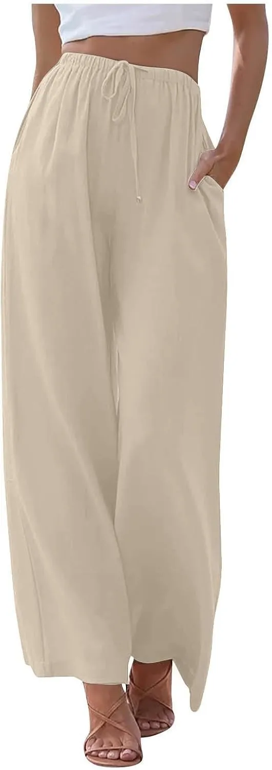 Wide Leg Linen Pants for Women Summer Boho Flowy Beach Pants Comfy Casual Cotton Palazzo Pants Trousers with Pockets