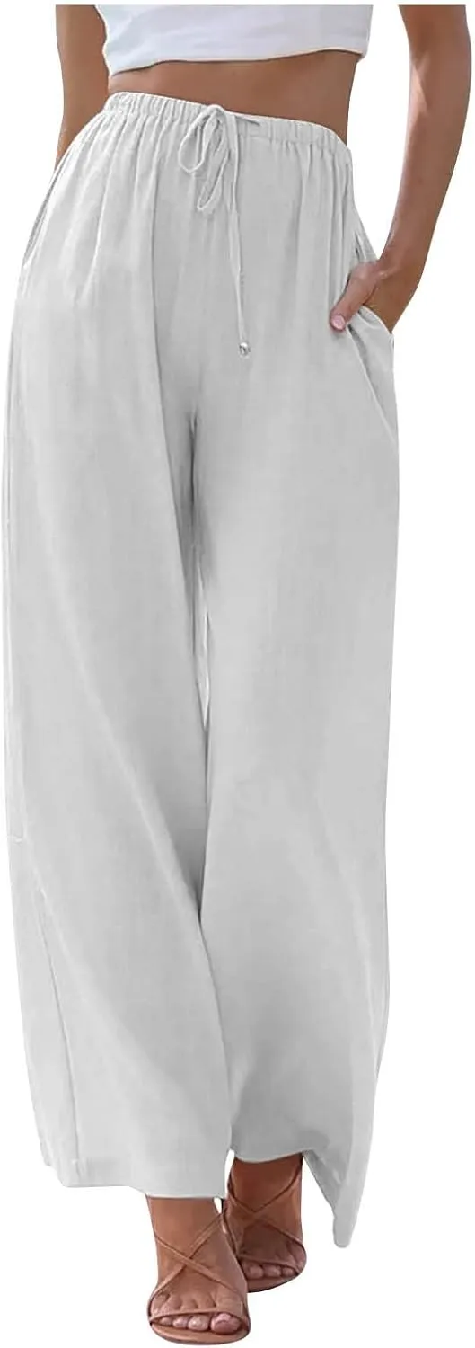 Wide Leg Linen Pants for Women Summer Boho Flowy Beach Pants Comfy Casual Cotton Palazzo Pants Trousers with Pockets