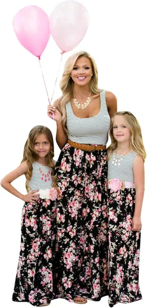 WIWIQS Summer Cute Mommy and Me Boho Striped Chevron Maxi Dresses