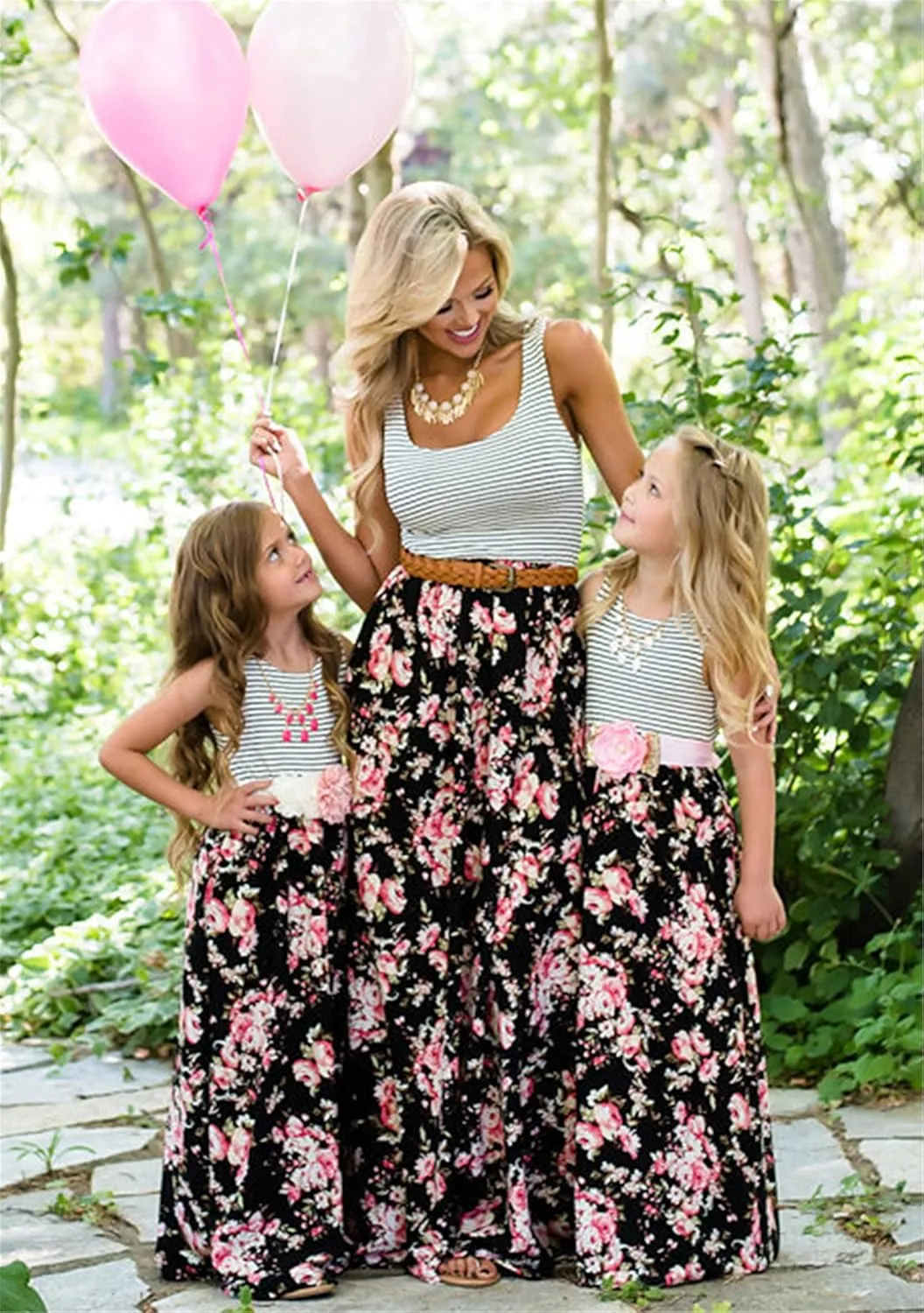 WIWIQS Summer Cute Mommy and Me Boho Striped Chevron Maxi Dresses