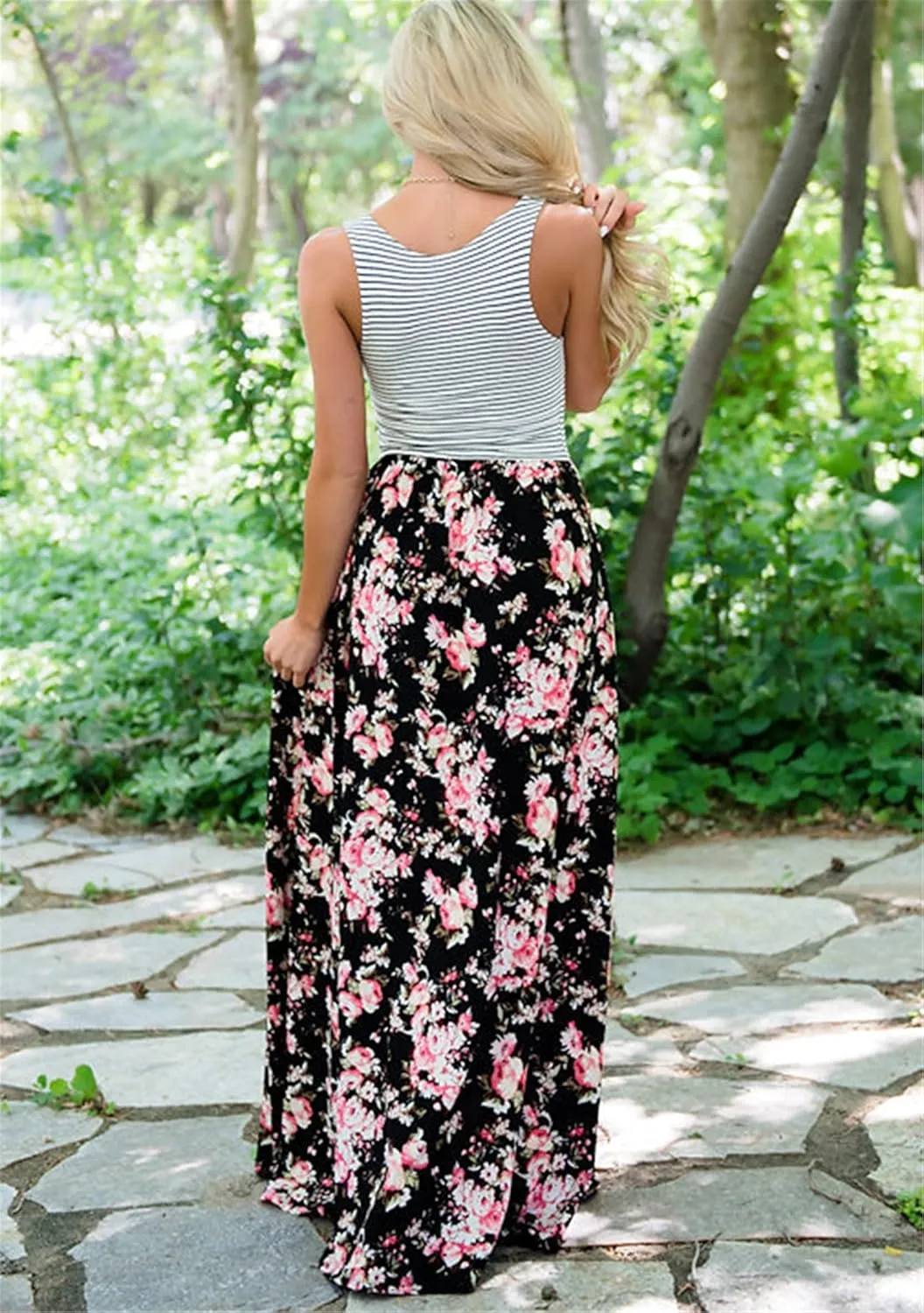 WIWIQS Summer Cute Mommy and Me Boho Striped Chevron Maxi Dresses