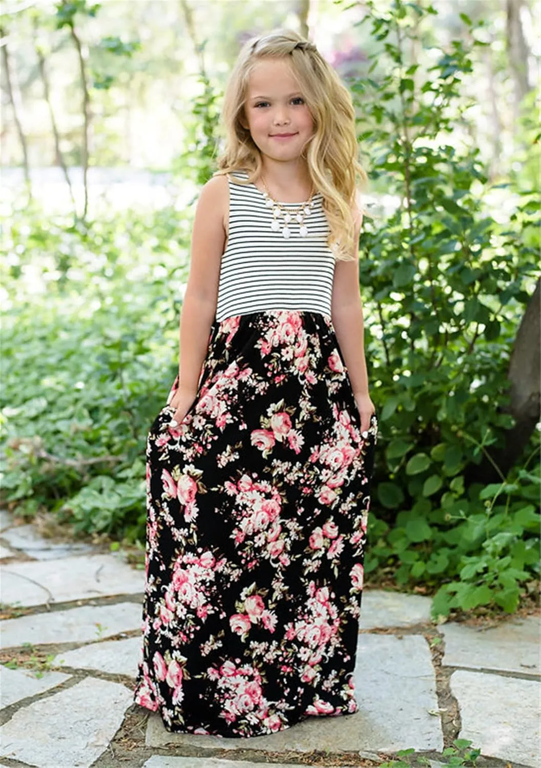 WIWIQS Summer Cute Mommy and Me Boho Striped Chevron Maxi Dresses