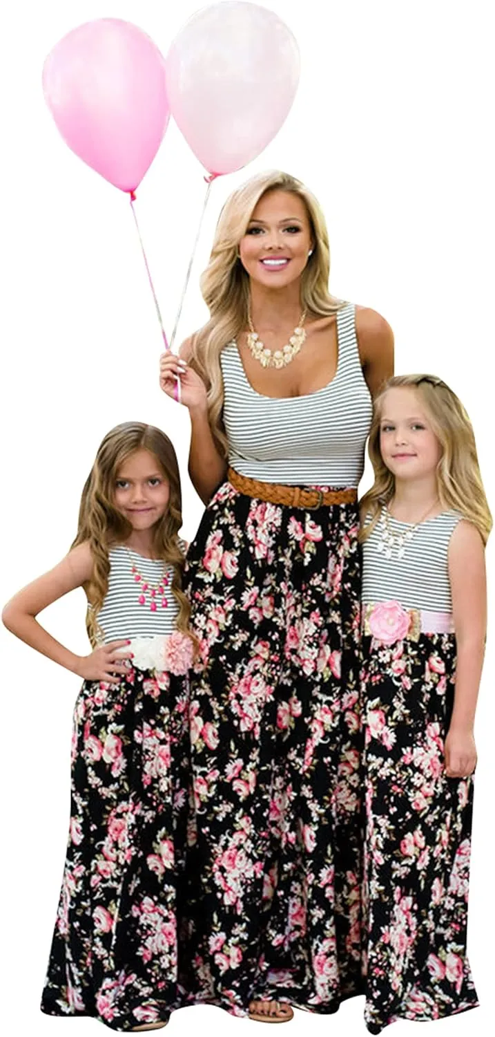 WIWIQS Summer Cute Mommy and Me Boho Striped Chevron Maxi Dresses