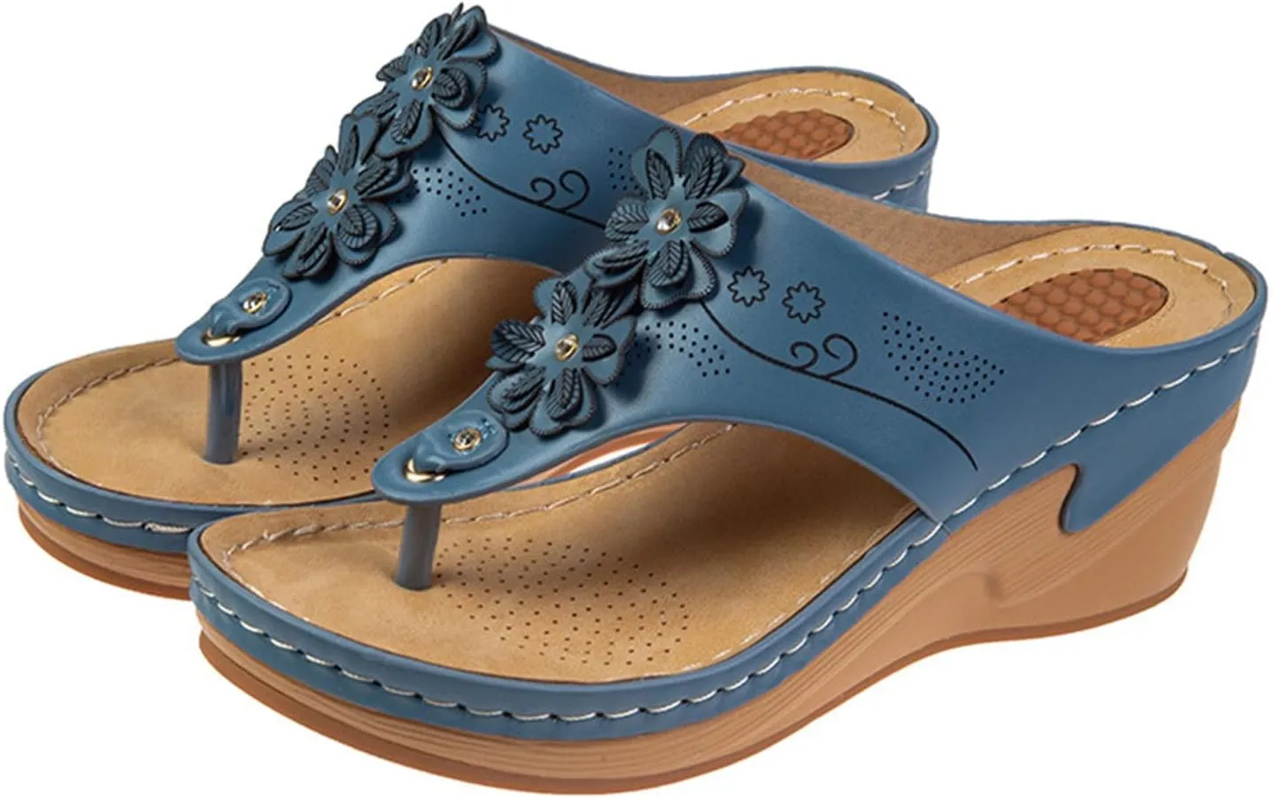 Women Boho Wedge Flip Flops Arch Support Summer Thong Sandals Flower Decor Clip Toe Slipper Beach Vacation Sandal Shoes