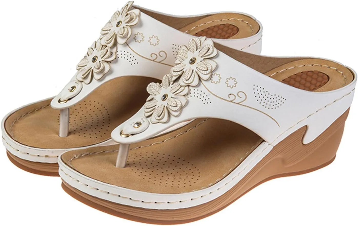 Women Boho Wedge Flip Flops Arch Support Summer Thong Sandals Flower Decor Clip Toe Slipper Beach Vacation Sandal Shoes