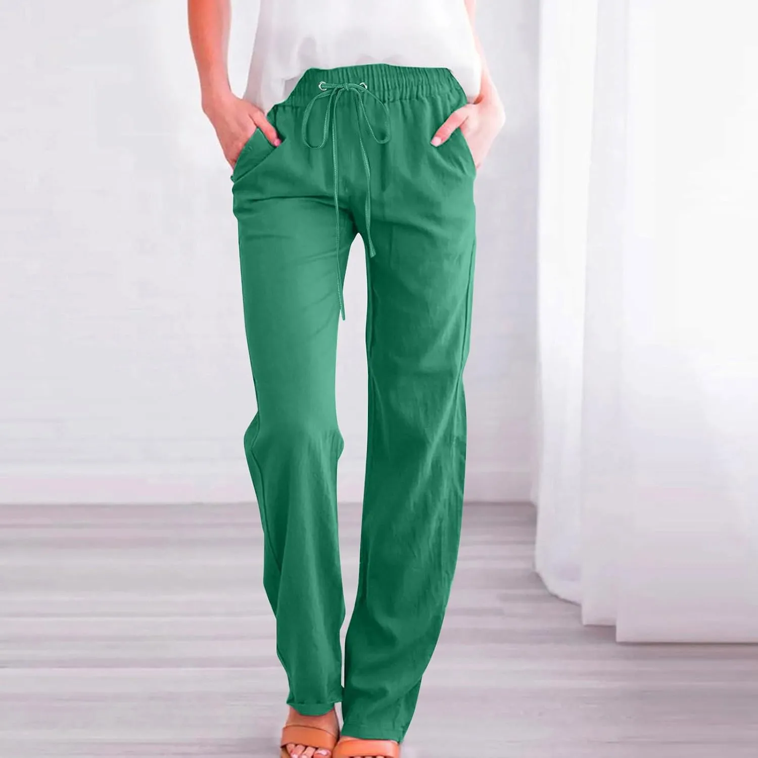 Women Casual Linen Pants Lightweight Drawstring Elastic Waist Spring Summer Beach Slacks Trendy Comfy Trousers Clothes