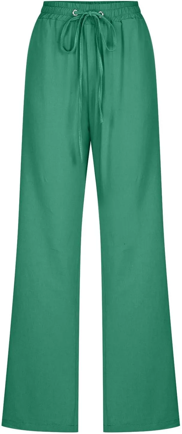 Women Casual Linen Pants Lightweight Drawstring Elastic Waist Spring Summer Beach Slacks Trendy Comfy Trousers Clothes