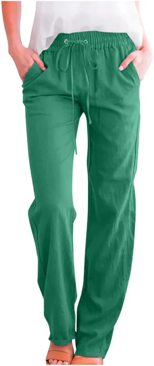 Women Casual Linen Pants Lightweight Drawstring Elastic Waist Spring Summer Beach Slacks Trendy Comfy Trousers Clothes