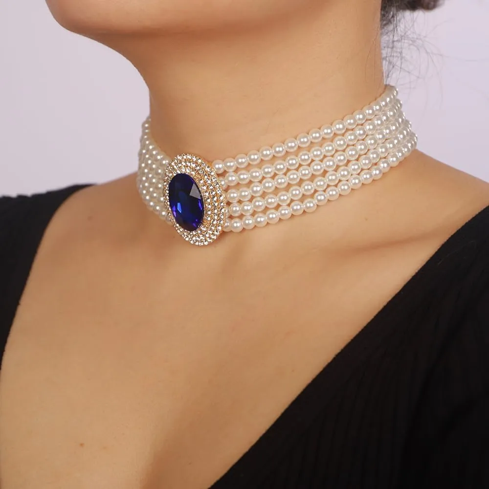 Women Multilayer 1920s Green Blue Silver Rhinestone Necklaces Dainty Pearls Layered Choker Necklaces Fashion Chunky Pearls Pendant Multilayer Adjustable Layering Necklaces for Women
