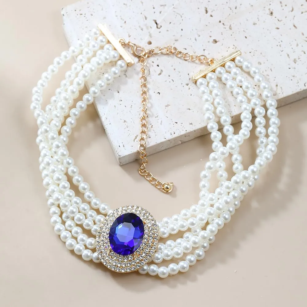 Women Multilayer 1920s Green Blue Silver Rhinestone Necklaces Dainty Pearls Layered Choker Necklaces Fashion Chunky Pearls Pendant Multilayer Adjustable Layering Necklaces for Women