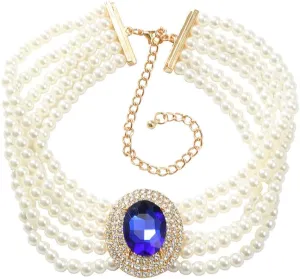 Women Multilayer 1920s Green Blue Silver Rhinestone Necklaces Dainty Pearls Layered Choker Necklaces Fashion Chunky Pearls Pendant Multilayer Adjustable Layering Necklaces for Women
