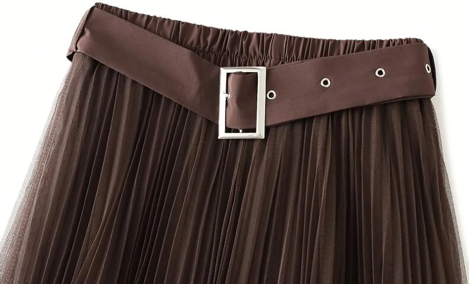 Women Tulle Mesh Pleated Skirt High Waist Petticoat with Belt Elegant Swing Midi Skirt