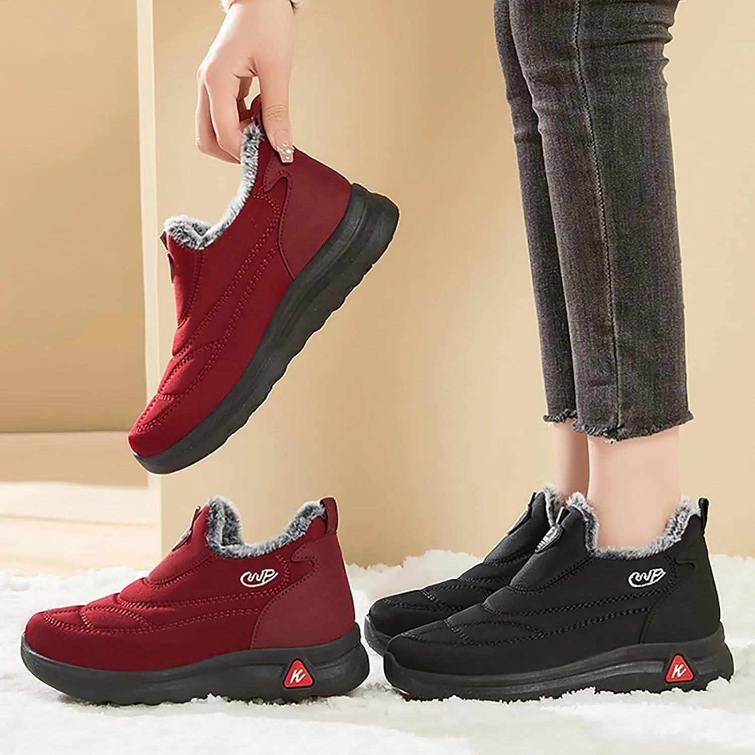 Womens Booties and Ankle Boots Plush Lined Cushion Sneakers Non Slip Cotton Boots Slip On Snow Boots Hiking Boots