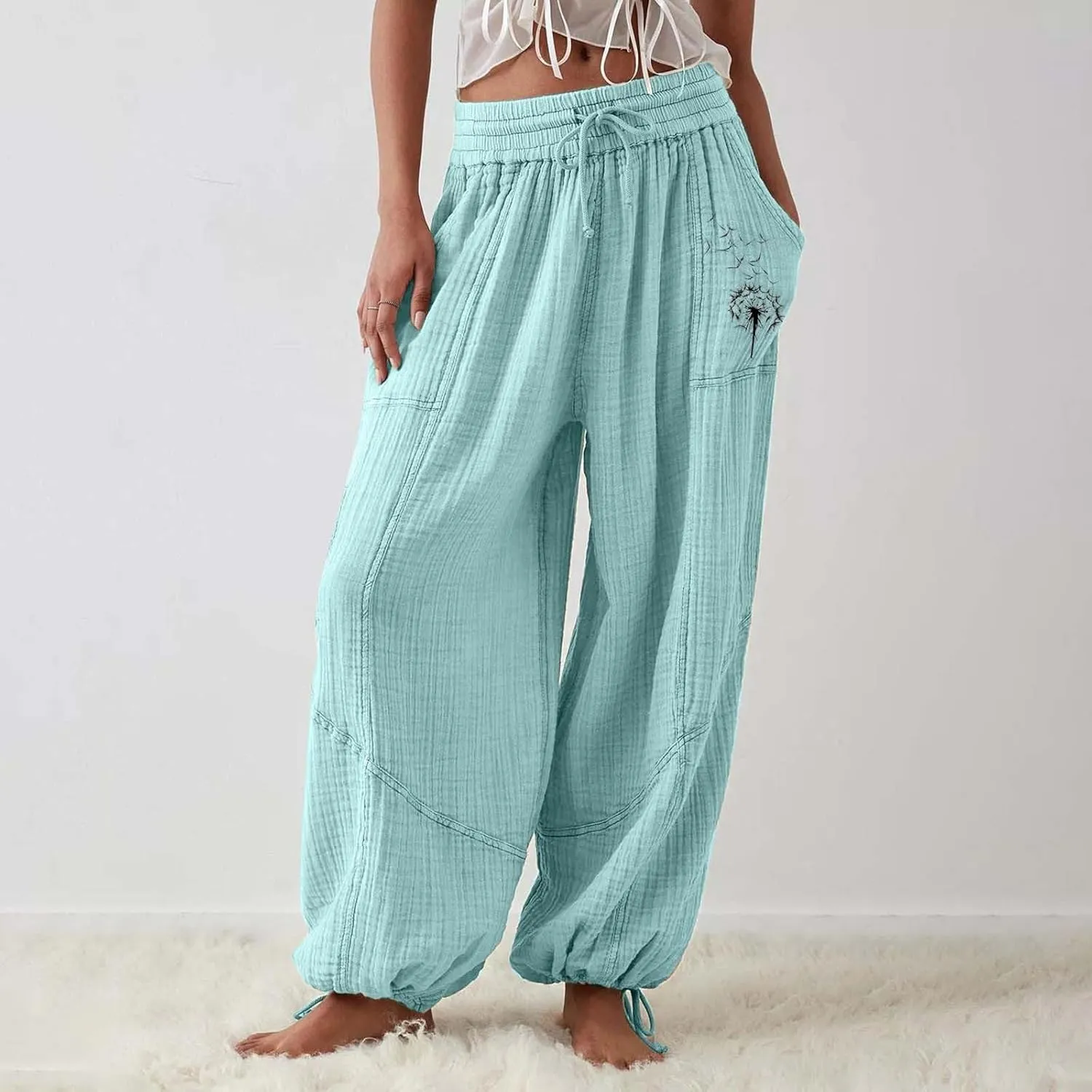 Women's Casual Cotton Linen Baggy Pants with Elastic Waist Summer Relax Loose Fit Comfy Pant Baggy Patchwork Trousers