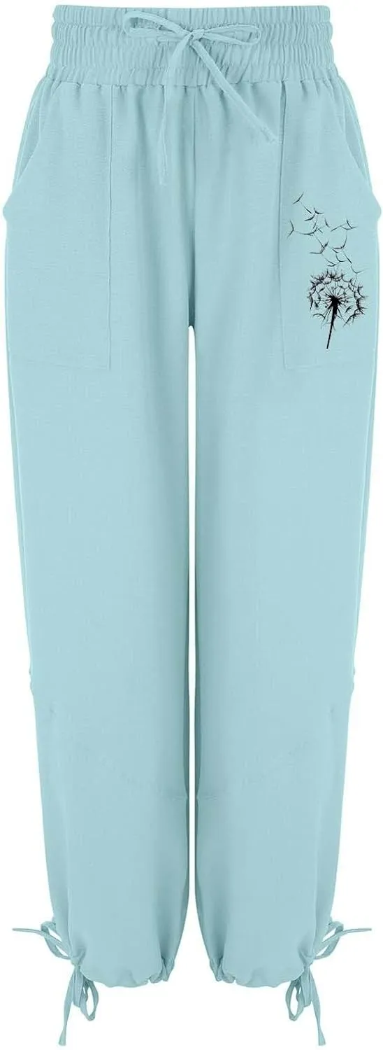 Women's Casual Cotton Linen Baggy Pants with Elastic Waist Summer Relax Loose Fit Comfy Pant Baggy Patchwork Trousers