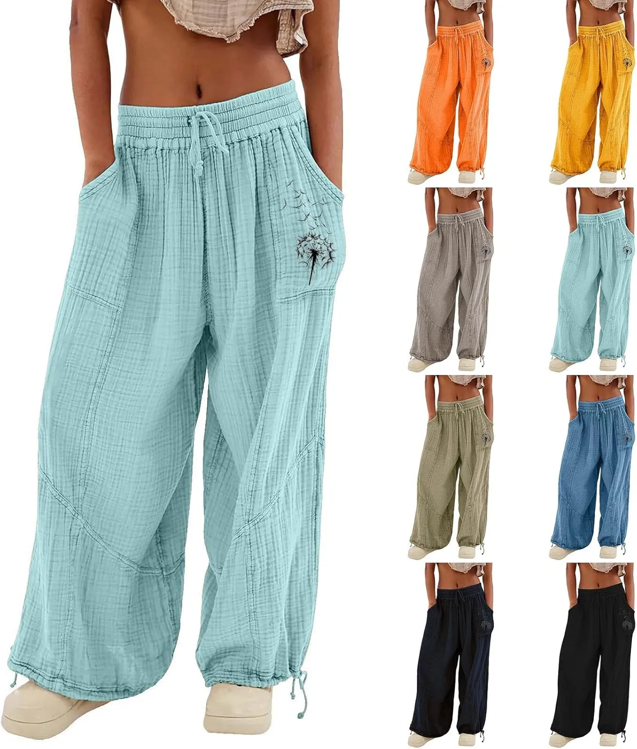 Women's Casual Cotton Linen Baggy Pants with Elastic Waist Summer Relax Loose Fit Comfy Pant Baggy Patchwork Trousers