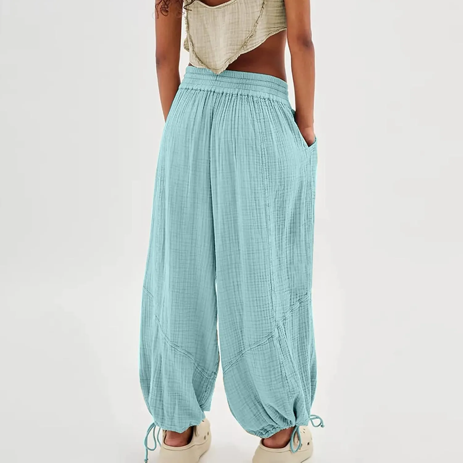 Women's Casual Cotton Linen Baggy Pants with Elastic Waist Summer Relax Loose Fit Comfy Pant Baggy Patchwork Trousers