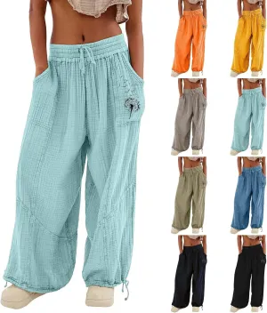 Women's Casual Cotton Linen Baggy Pants with Elastic Waist Summer Relax Loose Fit Comfy Pant Baggy Patchwork Trousers