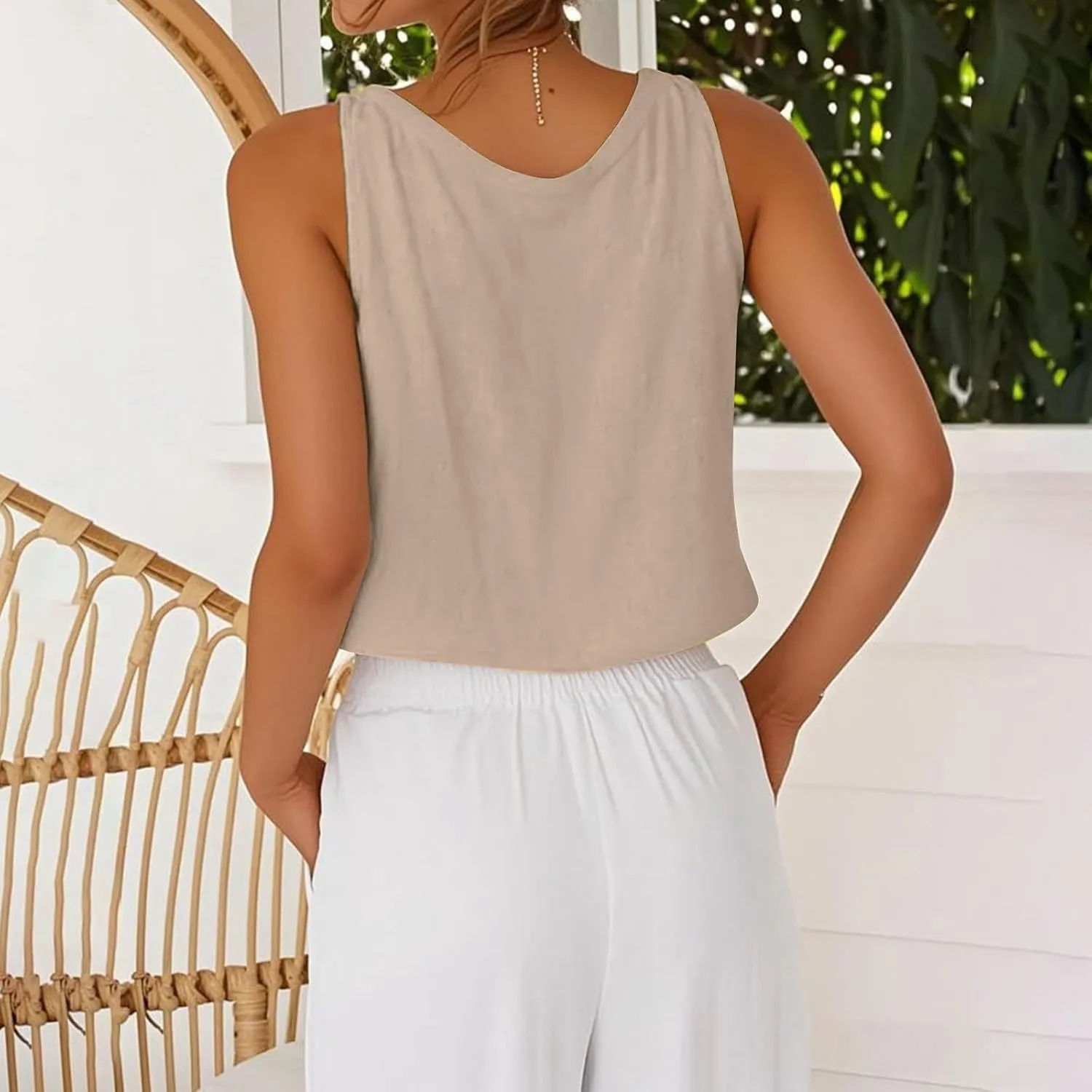 Womens Linen Crop Tank Tops Cute Summer Sleeveless Cropped Cotton Linen Tops Dressy Scoop Neck Camisole Tops