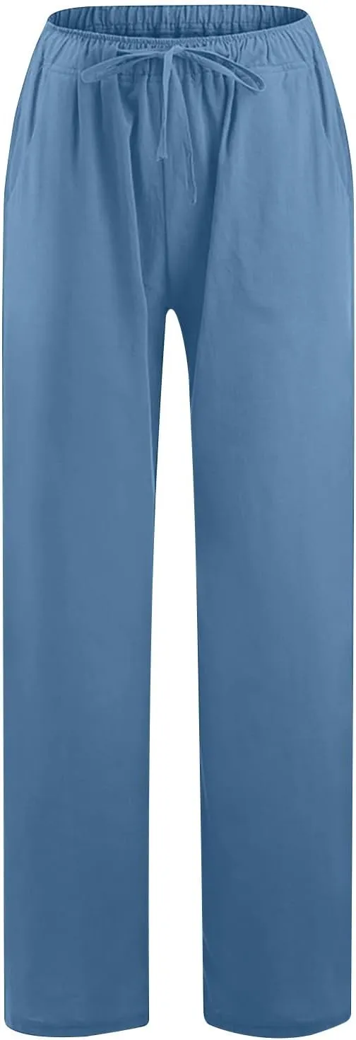 Womens Linen Flowy Pants Fashion Flowy Drawstring Palazzo Pants Summer Comfy Wide Leg Trousers with Pockets