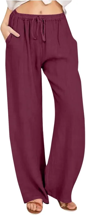 Womens Linen Flowy Pants Fashion Flowy Drawstring Palazzo Pants Summer Comfy Wide Leg Trousers with Pockets