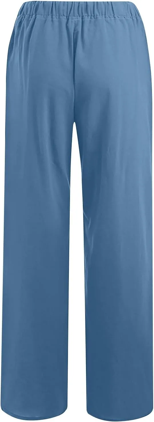 Womens Linen Flowy Pants Fashion Flowy Drawstring Palazzo Pants Summer Comfy Wide Leg Trousers with Pockets
