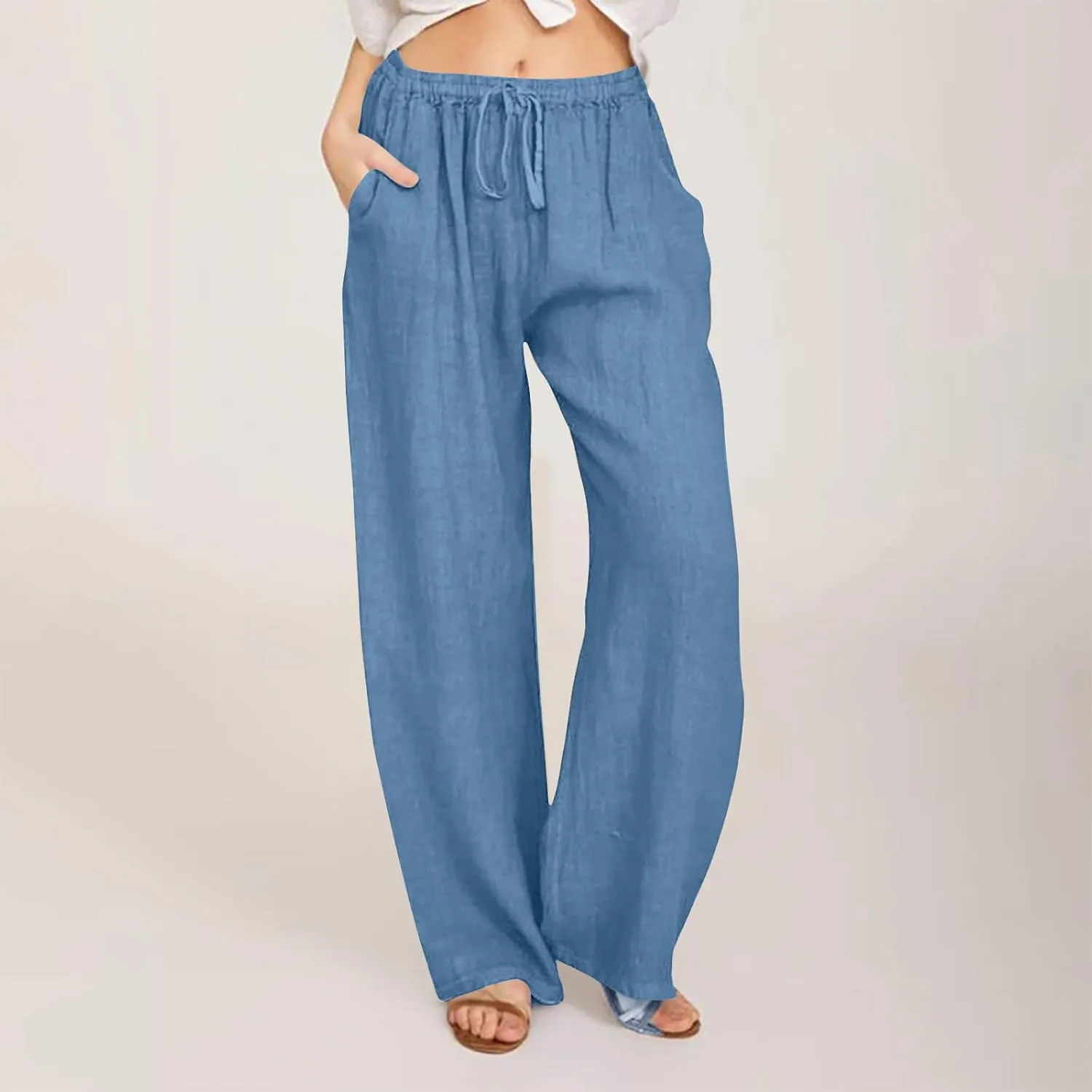 Womens Linen Flowy Pants Fashion Flowy Drawstring Palazzo Pants Summer Comfy Wide Leg Trousers with Pockets