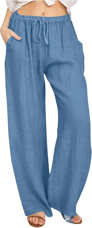 Womens Linen Flowy Pants Fashion Flowy Drawstring Palazzo Pants Summer Comfy Wide Leg Trousers with Pockets