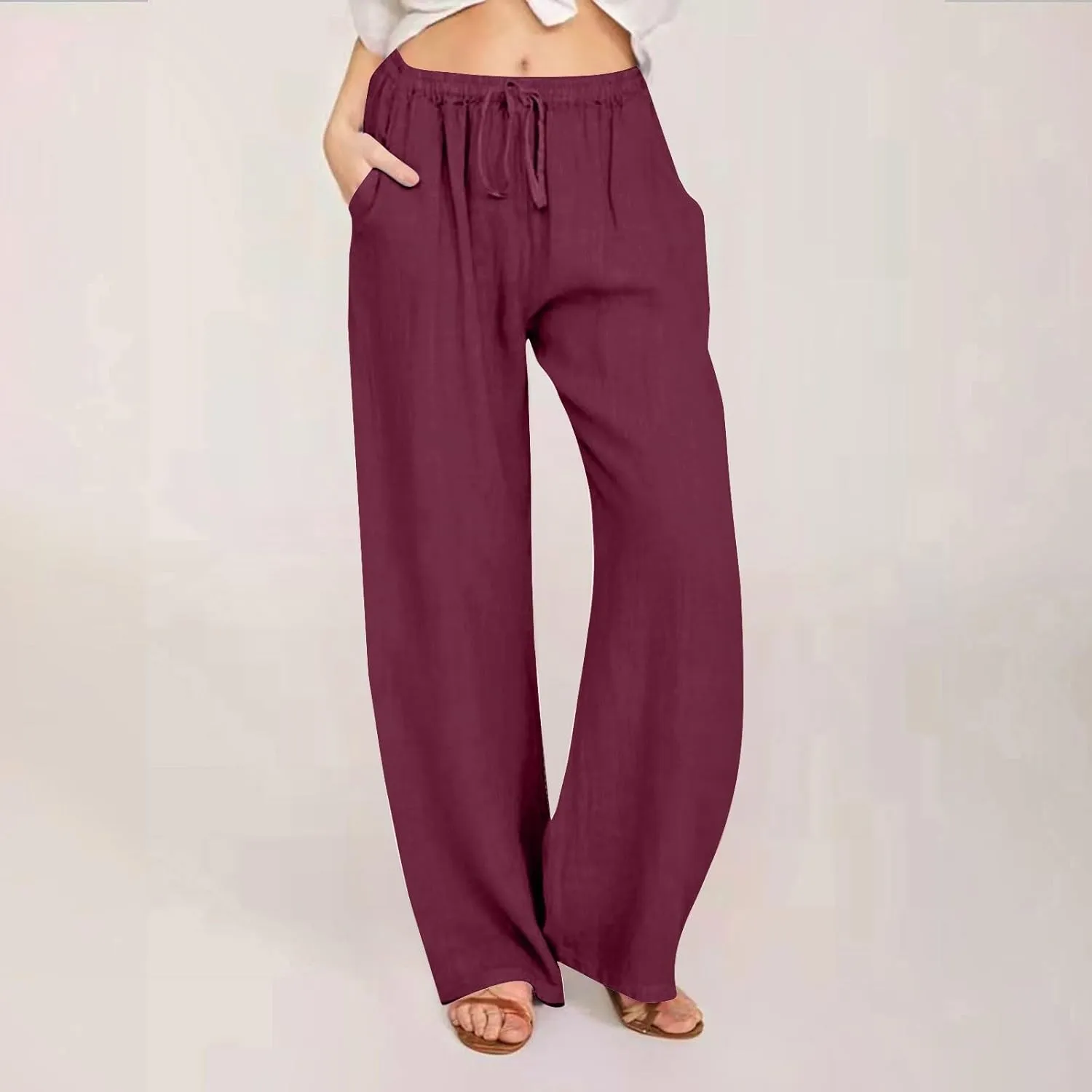 Womens Linen Flowy Pants Fashion Flowy Drawstring Palazzo Pants Summer Comfy Wide Leg Trousers with Pockets