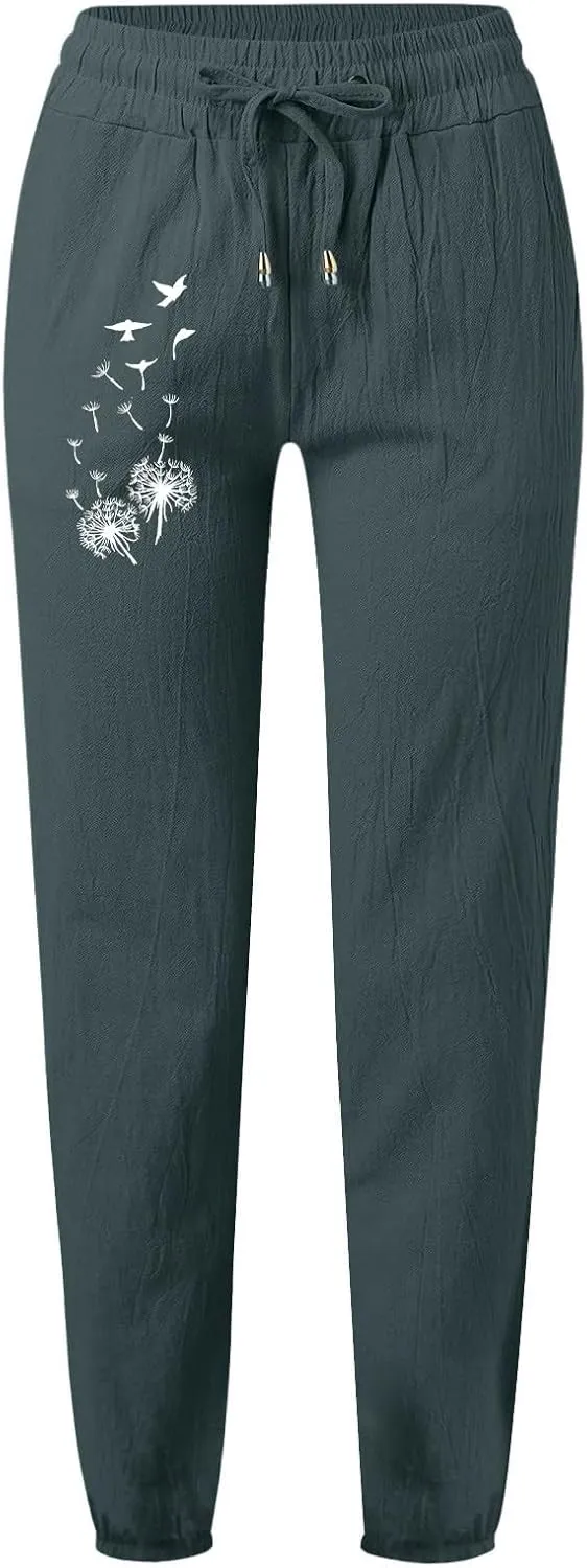 Women's Linen Pants Casual Summer Loose Beach Solid Color Plus Size High Waist Linen Pants Soft Ankle Trousers with Pockets