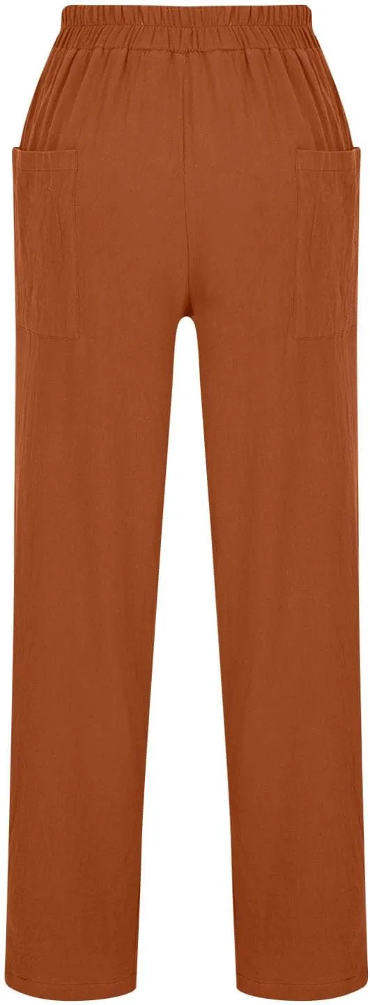 Women's Linen Pants Elastic Waist High Waisted Pants Comfy Straight Leg Trousers 2025 Trendy Summer Clothes