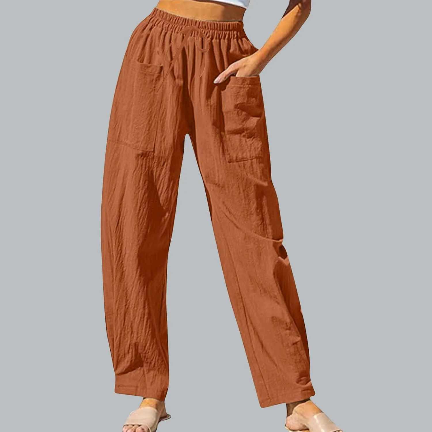 Women's Linen Pants Elastic Waist High Waisted Pants Comfy Straight Leg Trousers 2025 Trendy Summer Clothes