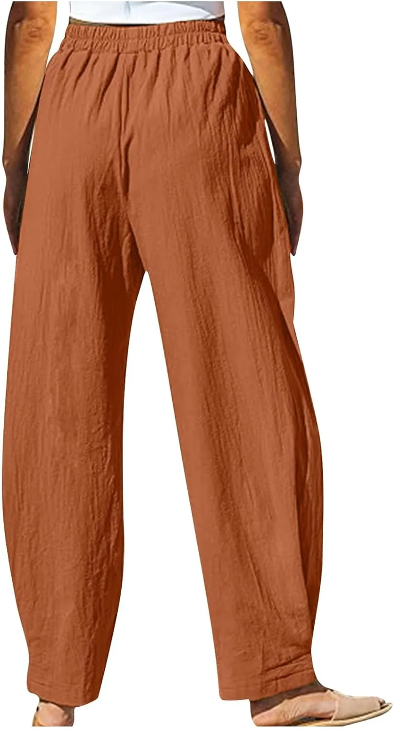 Women's Linen Pants Elastic Waist High Waisted Pants Comfy Straight Leg Trousers 2025 Trendy Summer Clothes