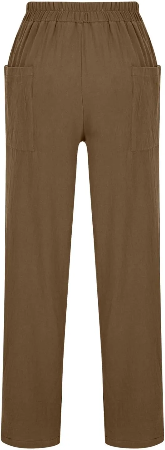 Women's Linen Pants Elastic Waist High Waisted Pants Comfy Straight Leg Trousers 2025 Trendy Summer Clothes