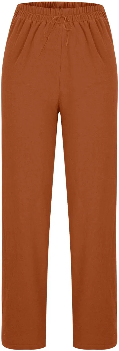 Women's Linen Pants Elastic Waist High Waisted Pants Comfy Straight Leg Trousers 2025 Trendy Summer Clothes