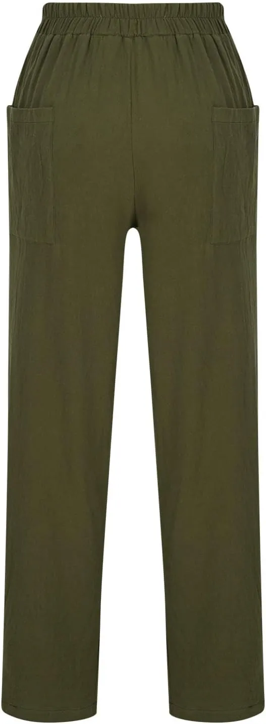 Women's Linen Pants Elastic Waist High Waisted Pants Comfy Straight Leg Trousers 2025 Trendy Summer Clothes