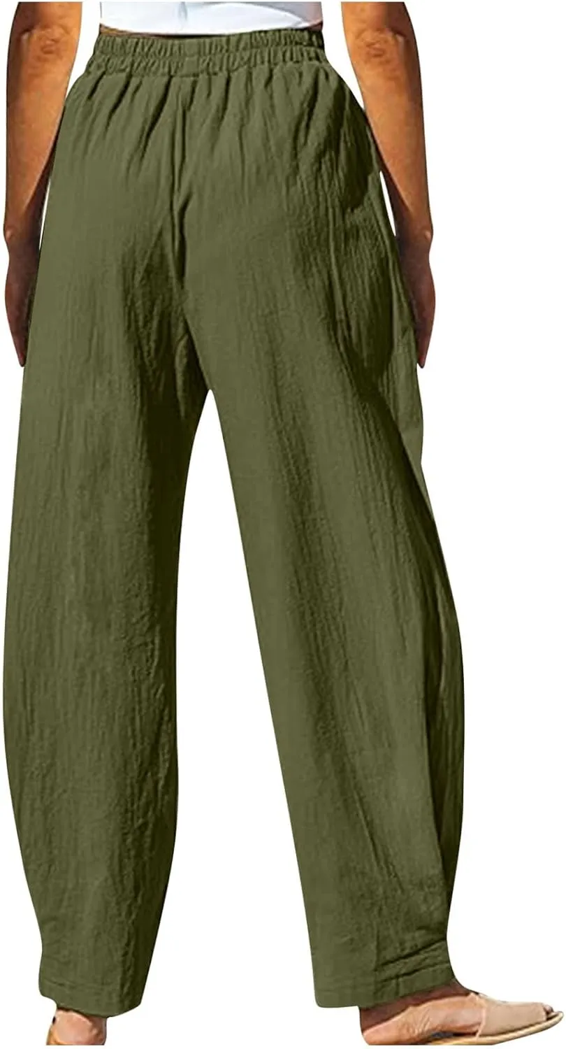 Women's Linen Pants Elastic Waist High Waisted Pants Comfy Straight Leg Trousers 2025 Trendy Summer Clothes