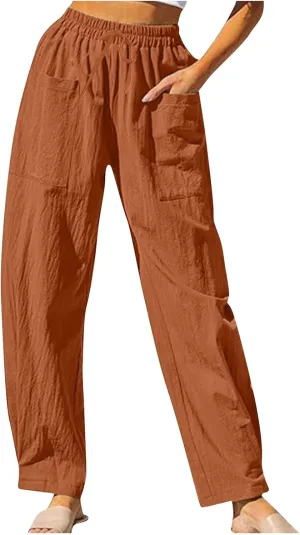 Women's Linen Pants Elastic Waist High Waisted Pants Comfy Straight Leg Trousers 2025 Trendy Summer Clothes