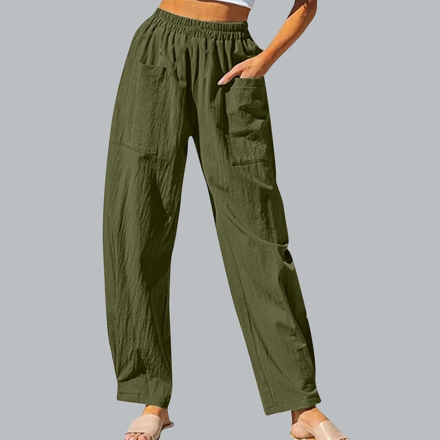 Women's Linen Pants Elastic Waist High Waisted Pants Comfy Straight Leg Trousers 2025 Trendy Summer Clothes