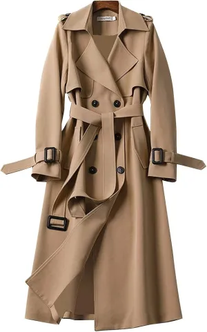 Womens Long Trench Coat Double Breasted Classic Windbreaker Belted Slim Overcoat Casual Outerwear Fashion Winter Jackets