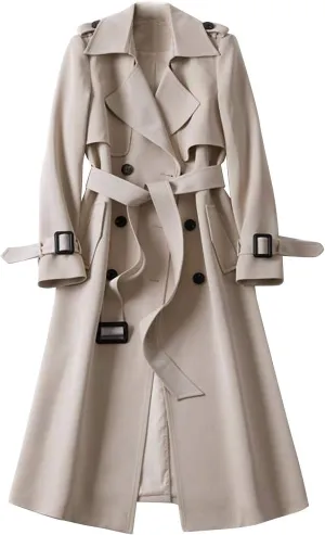 Womens Long Trench Coat Double Breasted Classic Windbreaker Belted Slim Overcoat Casual Outerwear Fashion Winter Jackets