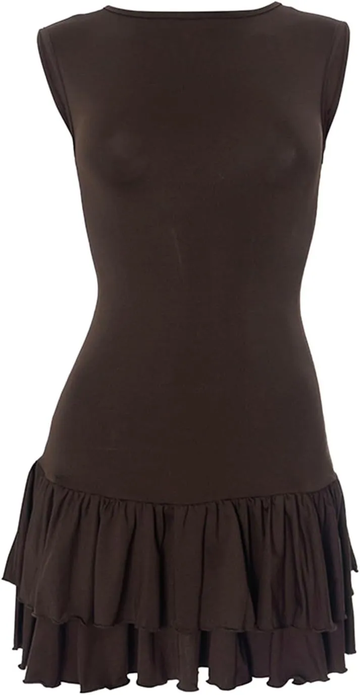 Womens Mini Dress Flowy Ruffle Ruched Tiered Skirt Bodycon Sleeveless Tank Sundress Slim Fit Corset Short Dress