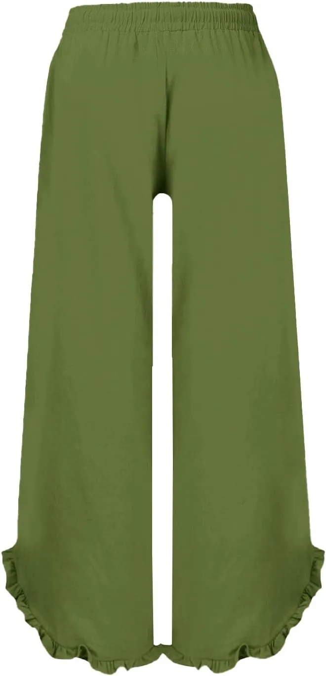 Women's Pants Linen Pants Summer High Waisted Palazzo Pants Wide Leg Drawstring Elastic Waist Loose Comfy Trousers