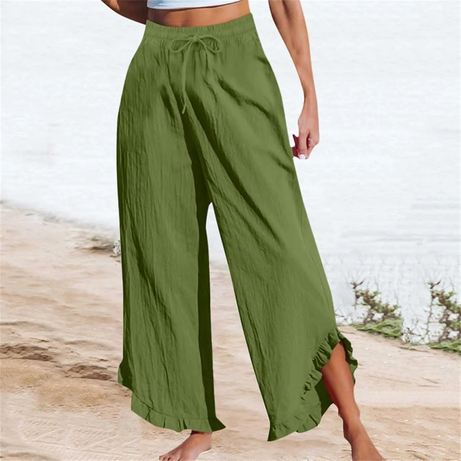 Women's Pants Linen Pants Summer High Waisted Palazzo Pants Wide Leg Drawstring Elastic Waist Loose Comfy Trousers