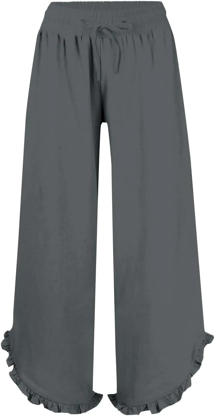Women's Pants Linen Pants Summer High Waisted Palazzo Pants Wide Leg Drawstring Elastic Waist Loose Comfy Trousers